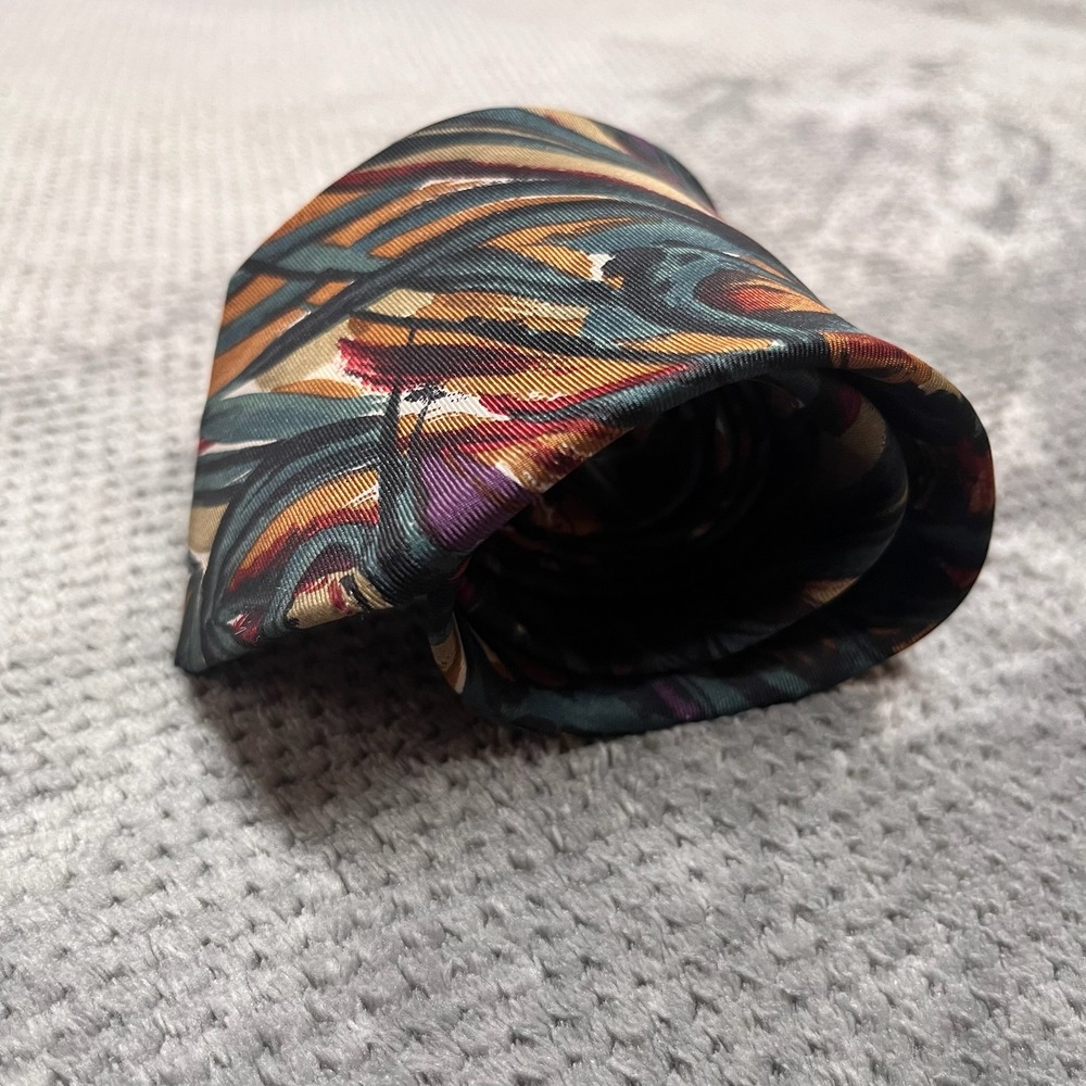 Pierre Balmain Paris Mens Silk Tie Abstract Painterly Print Teal Burgundy Gold